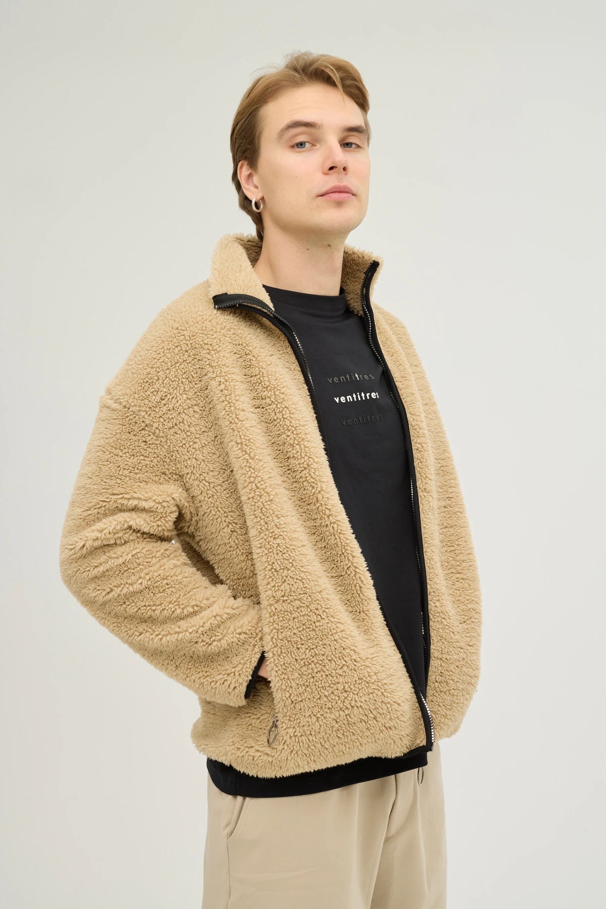 Unisex Kahverengi Oversize Tam Fermuarlı Peluş Sweatshirt