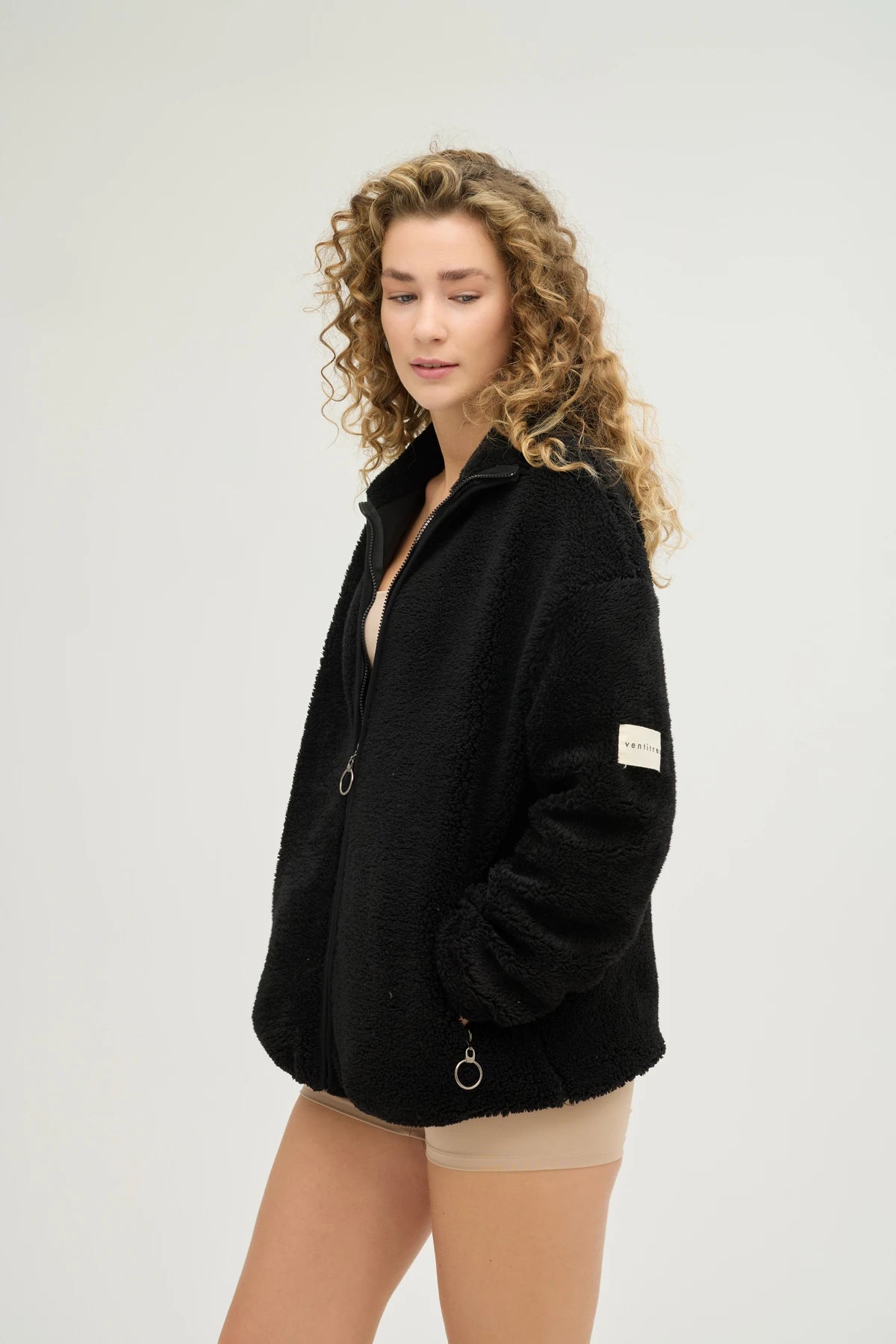 Unisex Siyah Oversize Tam Fermuarlı Peluş Sweatshirt