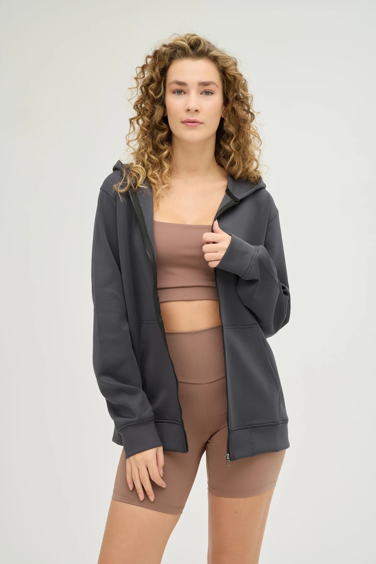 Unisex Antrasit Kapüşonlu ve Fermuarlı Scuba Üst Regular Fit