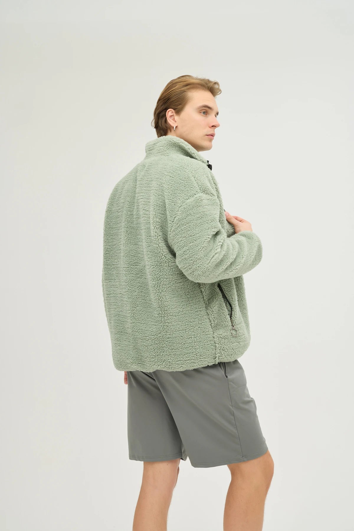 Unisex Mint Oversize Tam Fermuarlı Peluş Sweatshirt