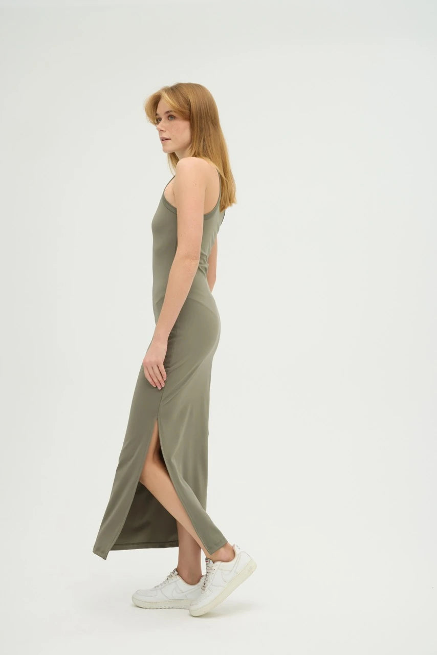 Yandan Yırtmaçlı Haki Basic Elbise