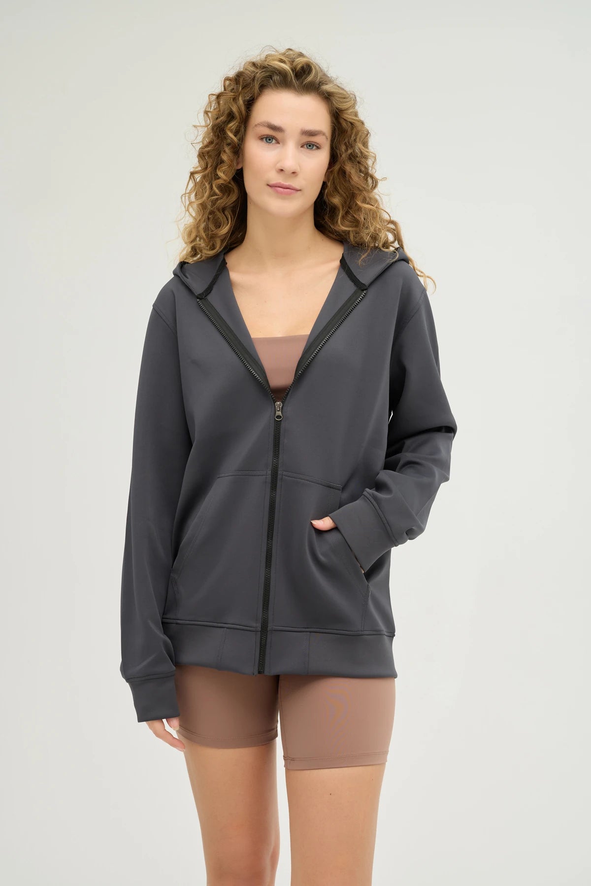 Unisex Antrasit Kapüşonlu ve Fermuarlı Scuba Üst Regular Fit