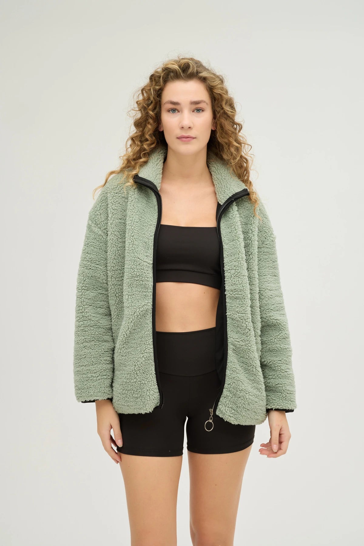 Unisex Mint Oversize Tam Fermuarlı Peluş Sweatshirt