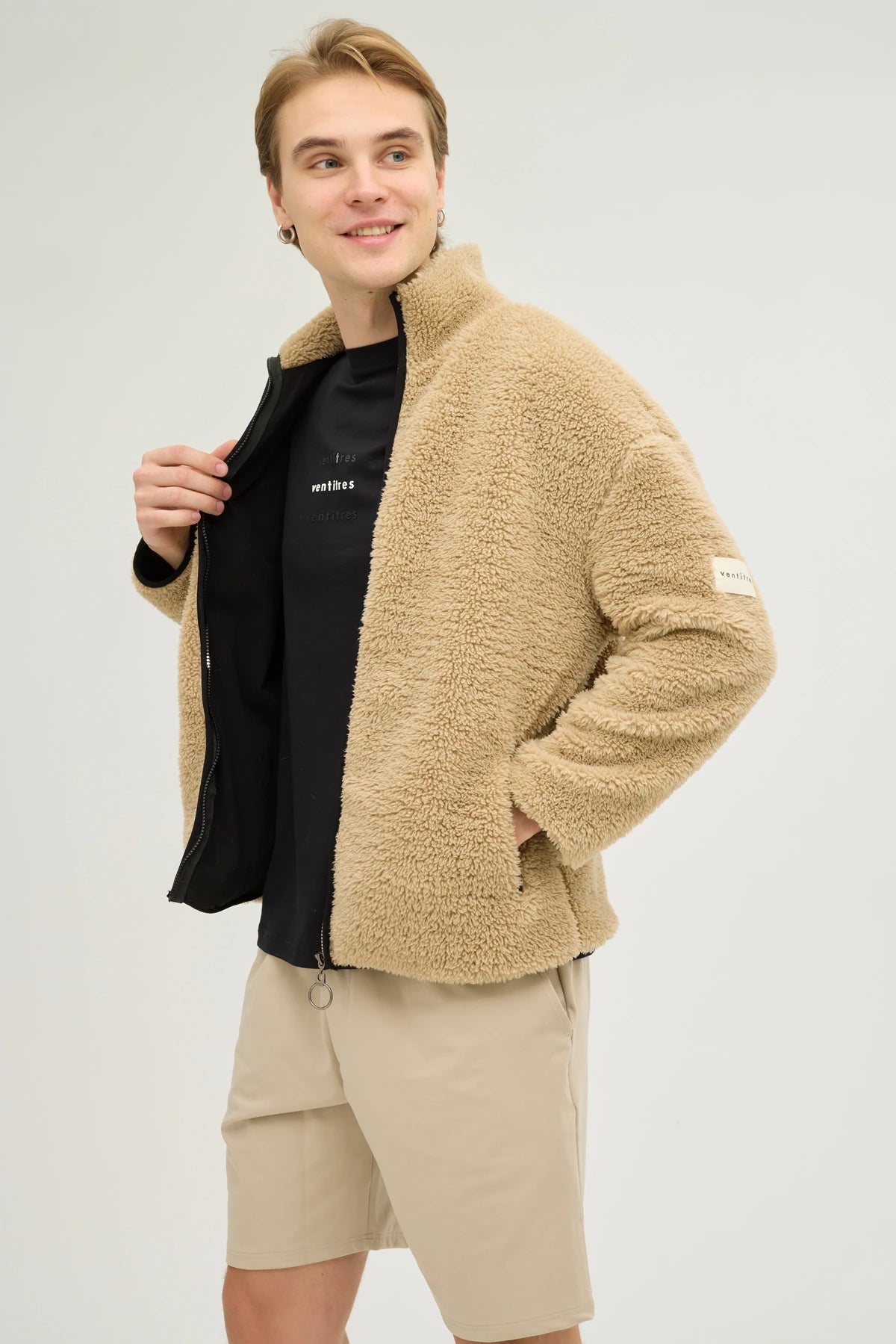 Unisex Kahverengi Oversize Tam Fermuarlı Peluş Sweatshirt