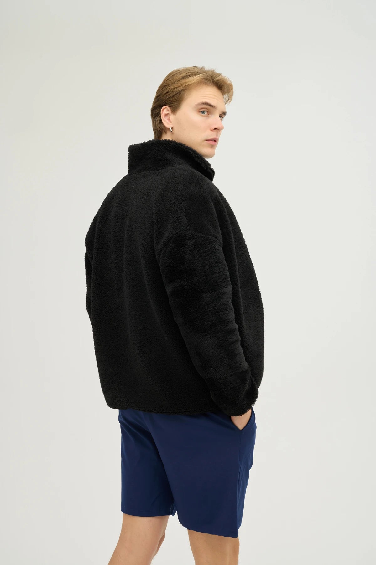 Unisex Siyah Oversize Tam Fermuarlı Peluş Sweatshirt