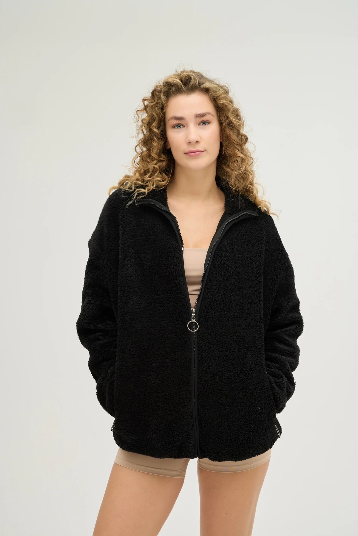 Unisex Siyah Oversize Tam Fermuarlı Peluş Sweatshirt