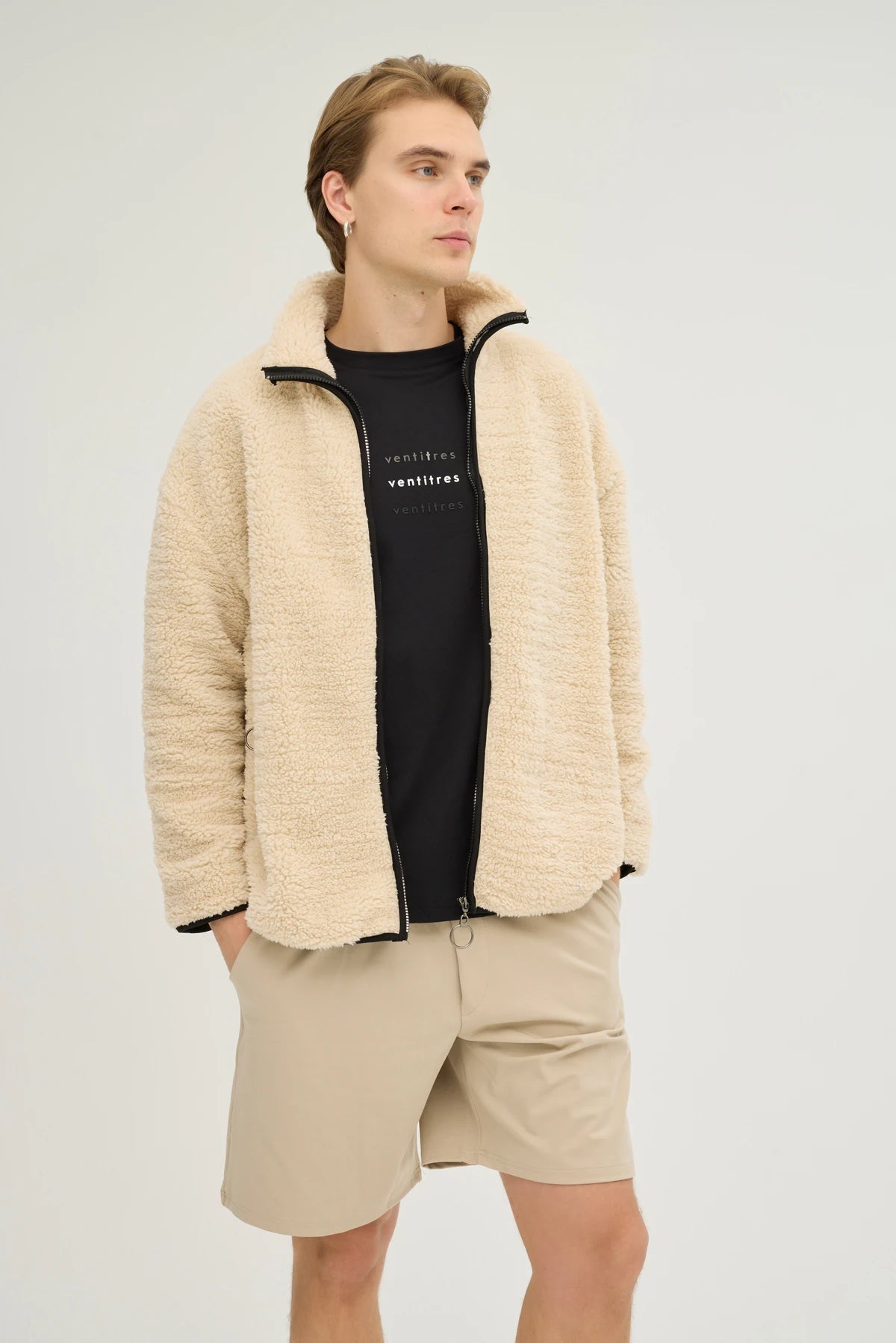 Unisex Bej Oversize Tam Fermuarlı Peluş Sweatshirt