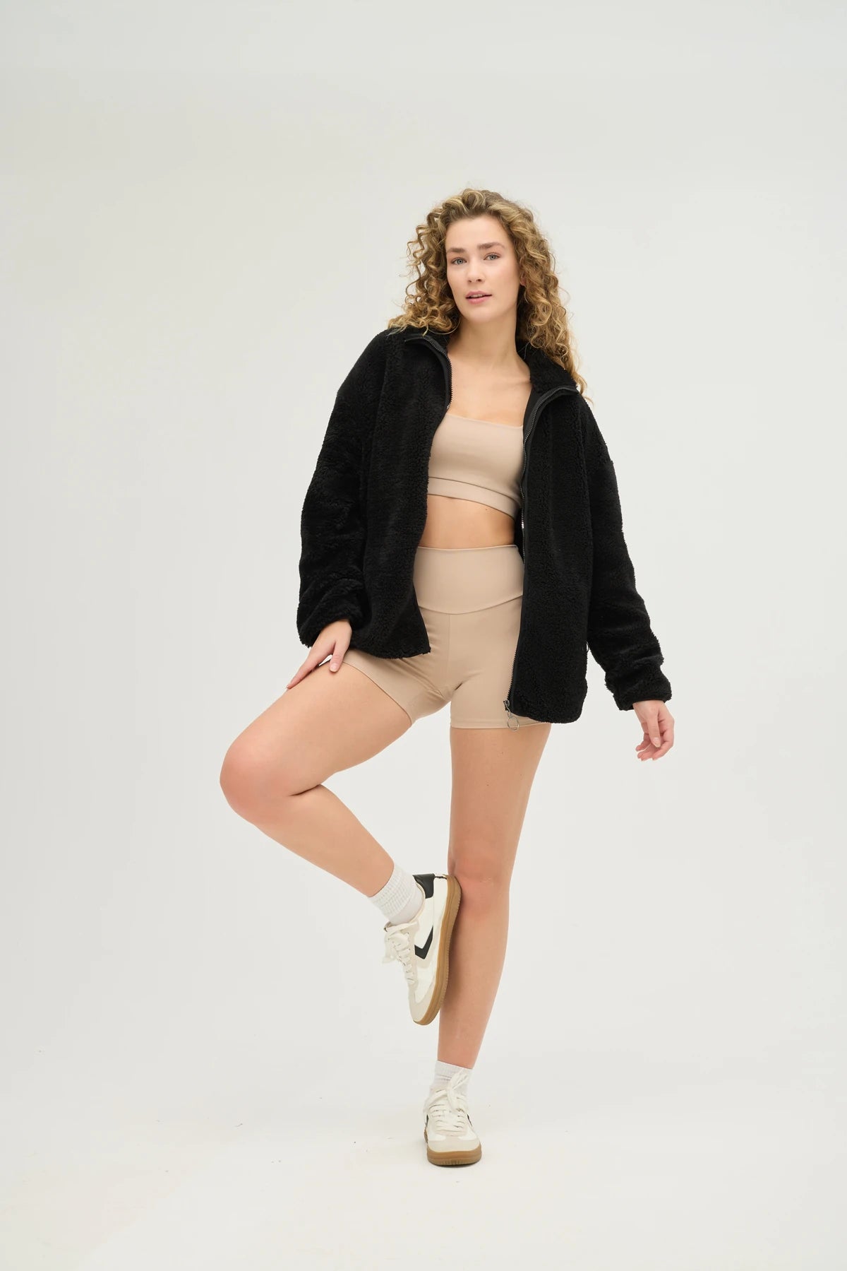 Unisex Siyah Oversize Tam Fermuarlı Peluş Sweatshirt