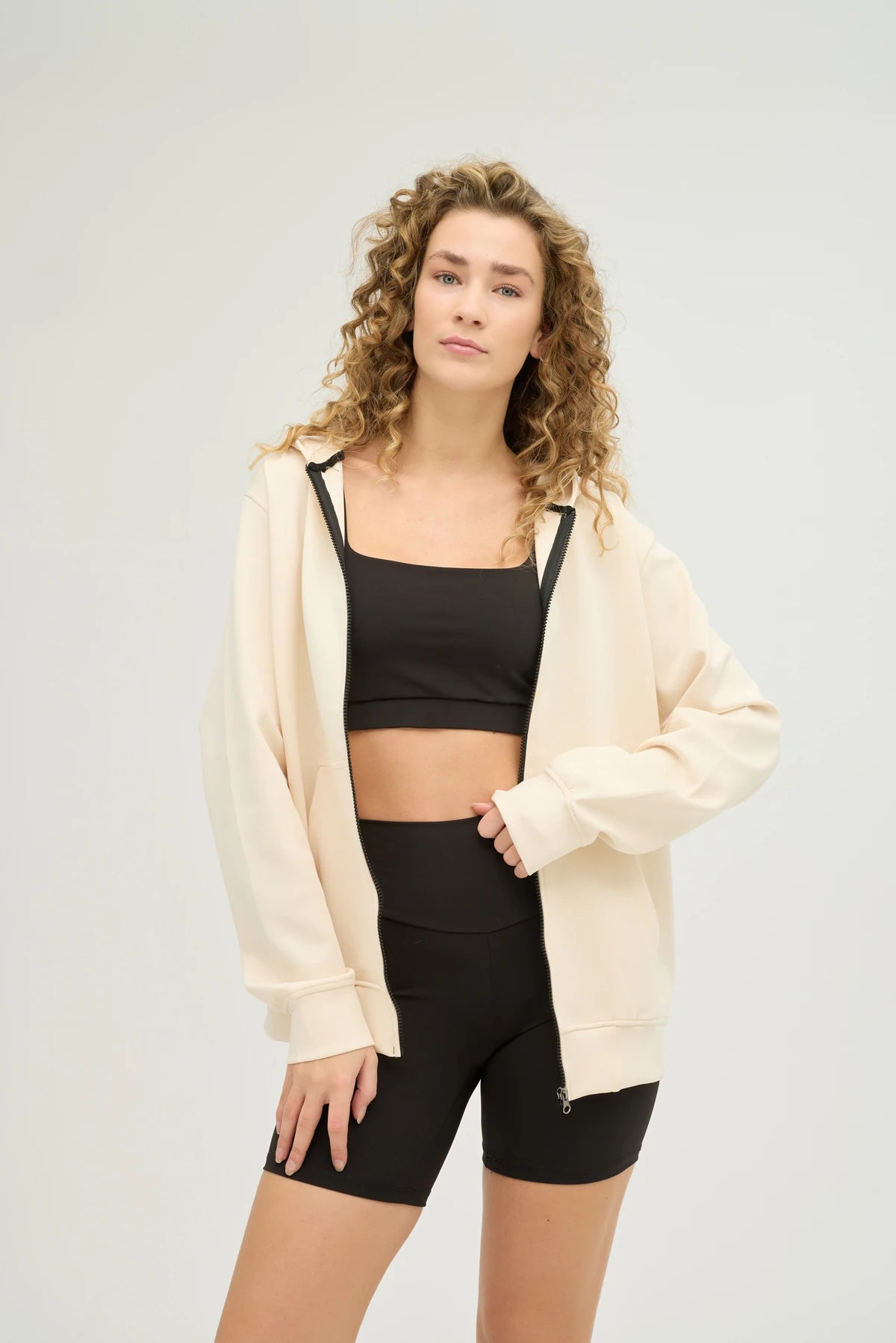 Unisex Açık Bej Kapüşonlu ve Fermuarlı Scuba Üst Regular Fit