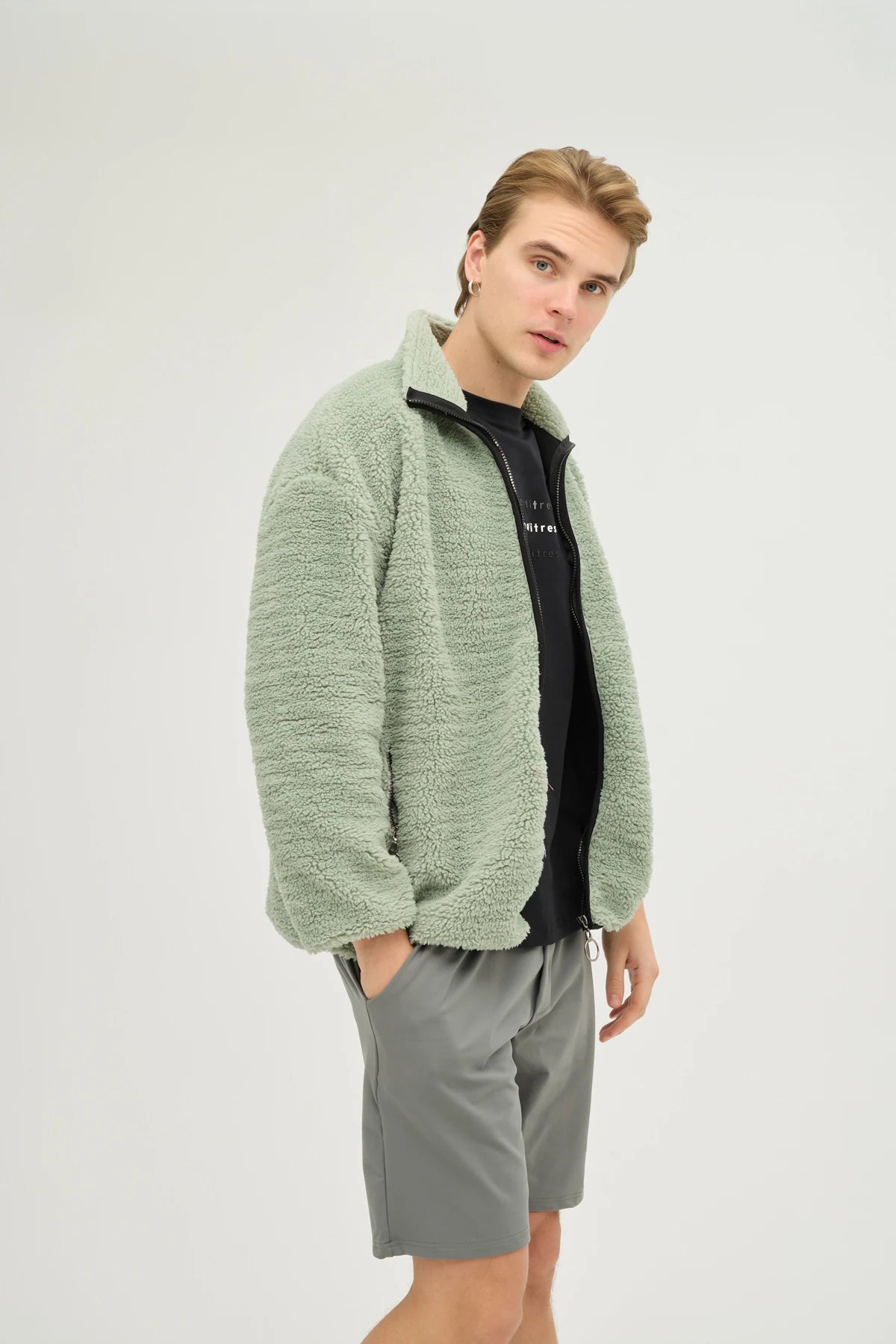 Unisex Mint Oversize Tam Fermuarlı Peluş Sweatshirt