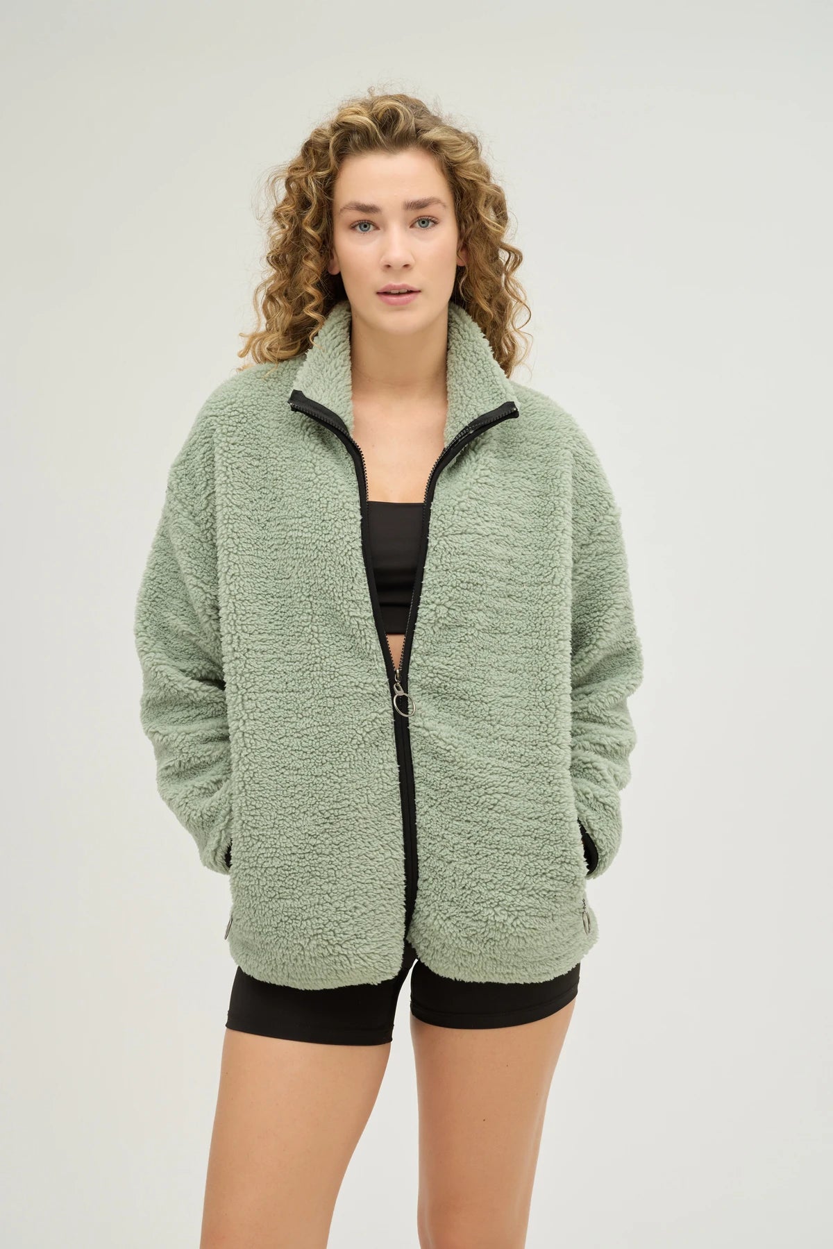 Unisex Mint Oversize Tam Fermuarlı Peluş Sweatshirt