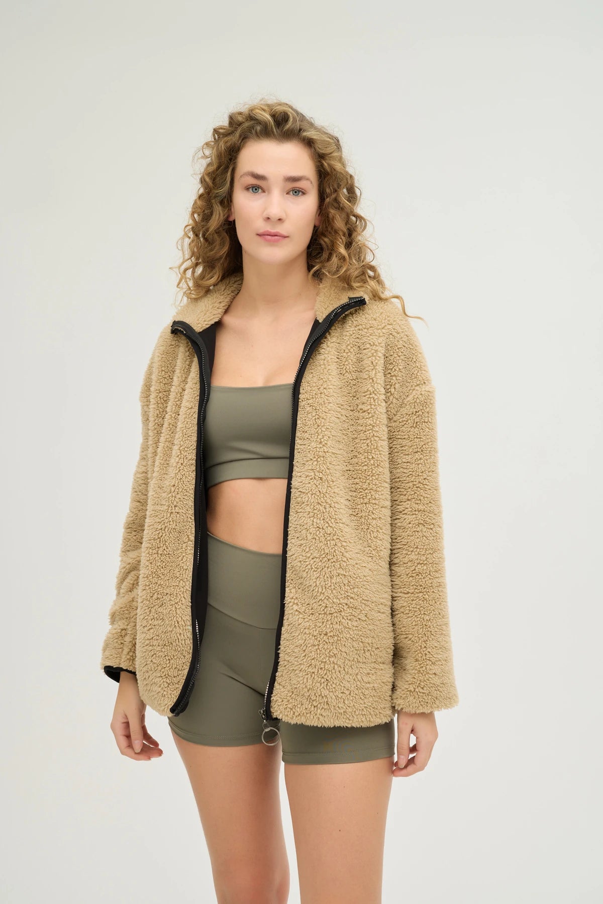 Unisex Kahverengi Oversize Tam Fermuarlı Peluş Sweatshirt