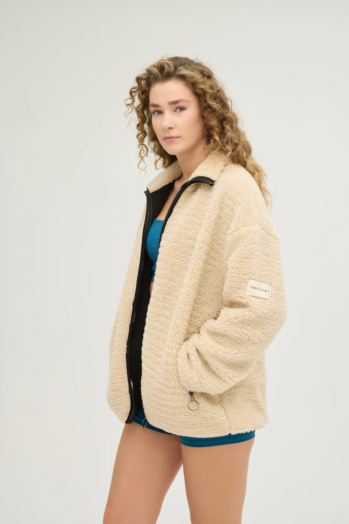 Unisex Bej Oversize Tam Fermuarlı Peluş Sweatshirt