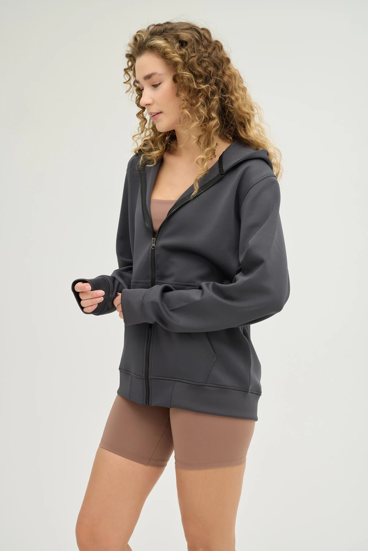 Unisex Antrasit Kapüşonlu ve Fermuarlı Scuba Üst Regular Fit