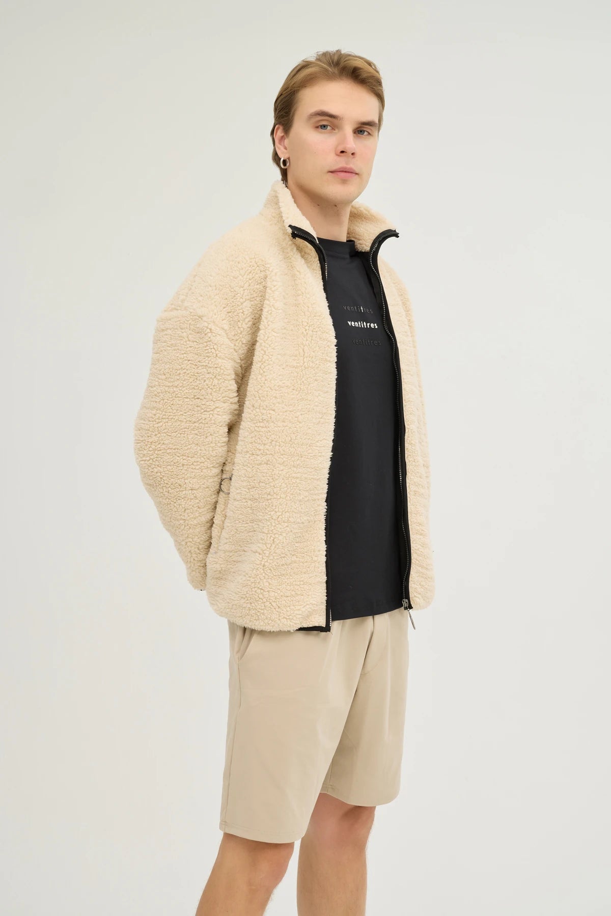 Unisex Bej Oversize Tam Fermuarlı Peluş Sweatshirt