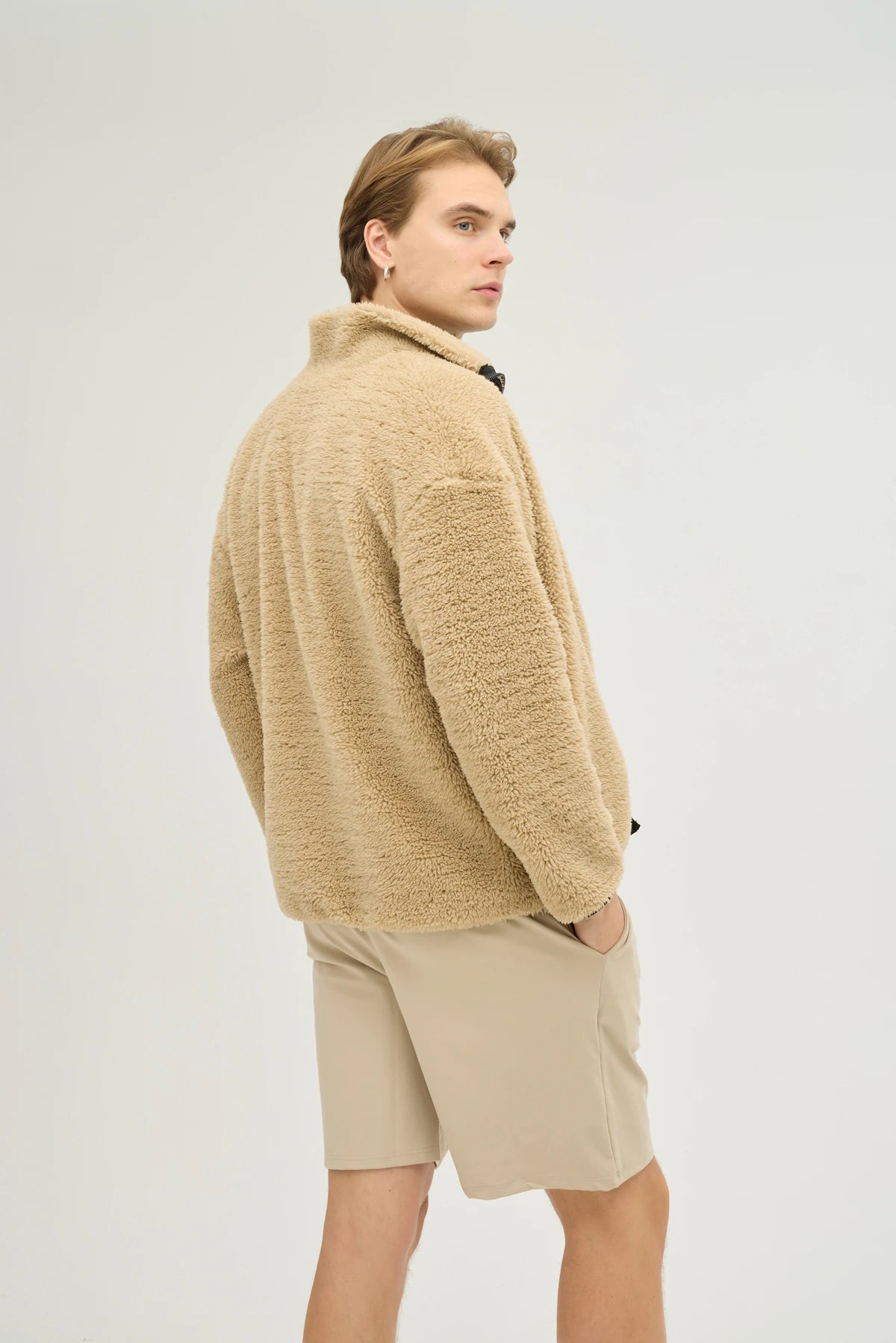 Unisex Kahverengi Oversize Tam Fermuarlı Peluş Sweatshirt