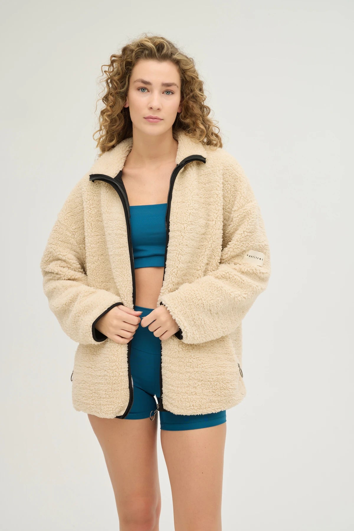 Unisex Bej Oversize Tam Fermuarlı Peluş Sweatshirt