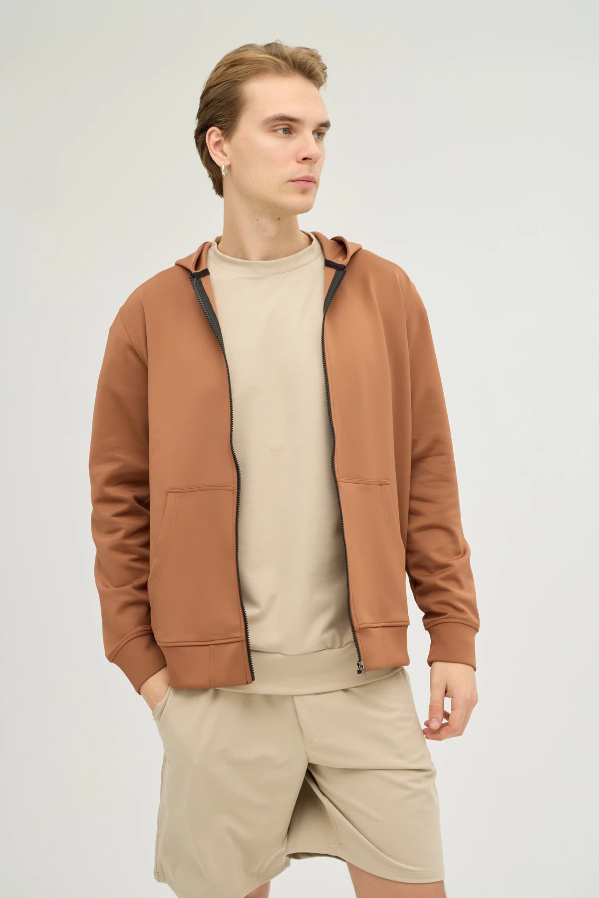 Unisex Kahverengi Kapüşonlu ve Fermuarlı Scuba Üst Regular Fit