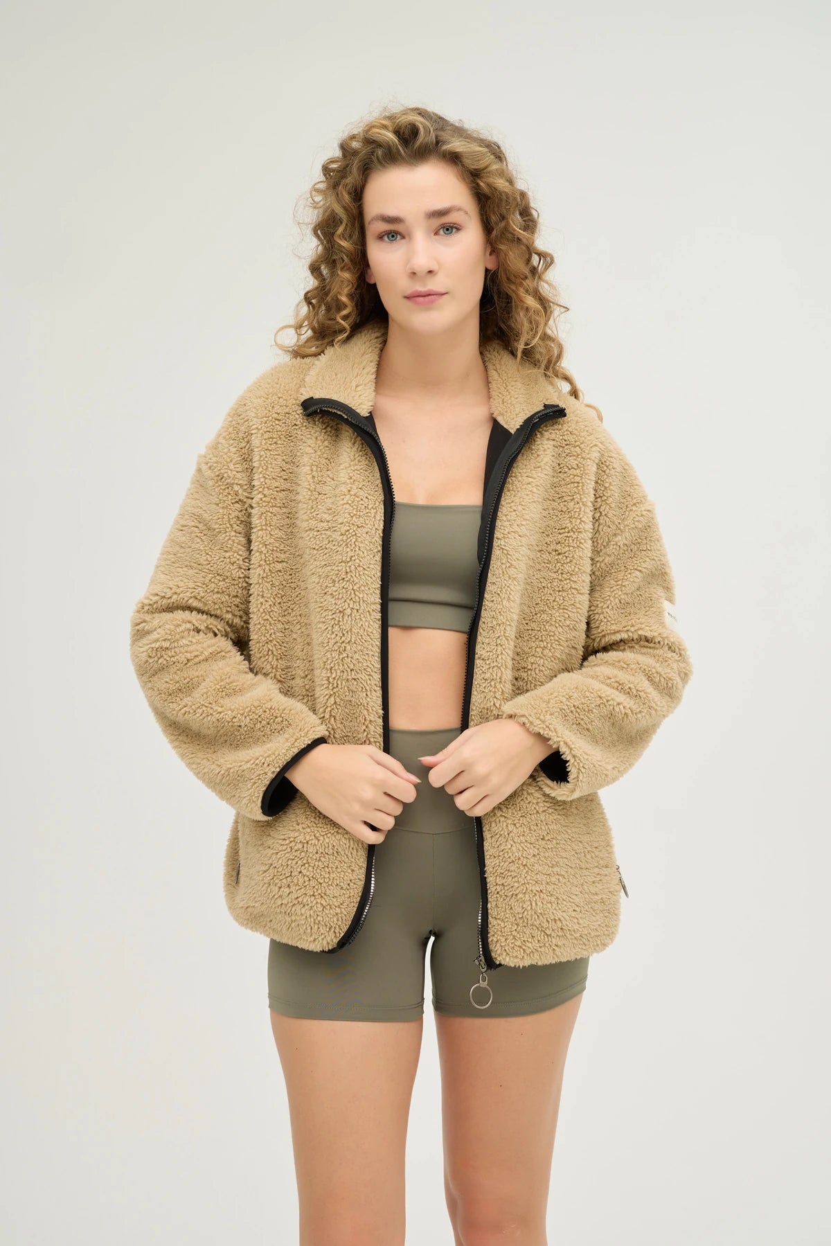 Unisex Kahverengi Oversize Tam Fermuarlı Peluş Sweatshirt