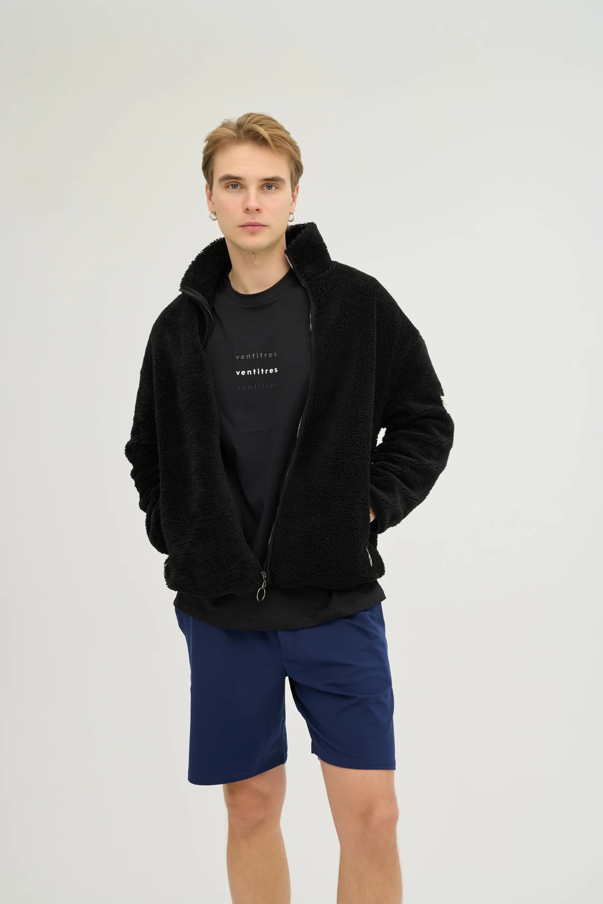 Unisex Siyah Oversize Tam Fermuarlı Peluş Sweatshirt