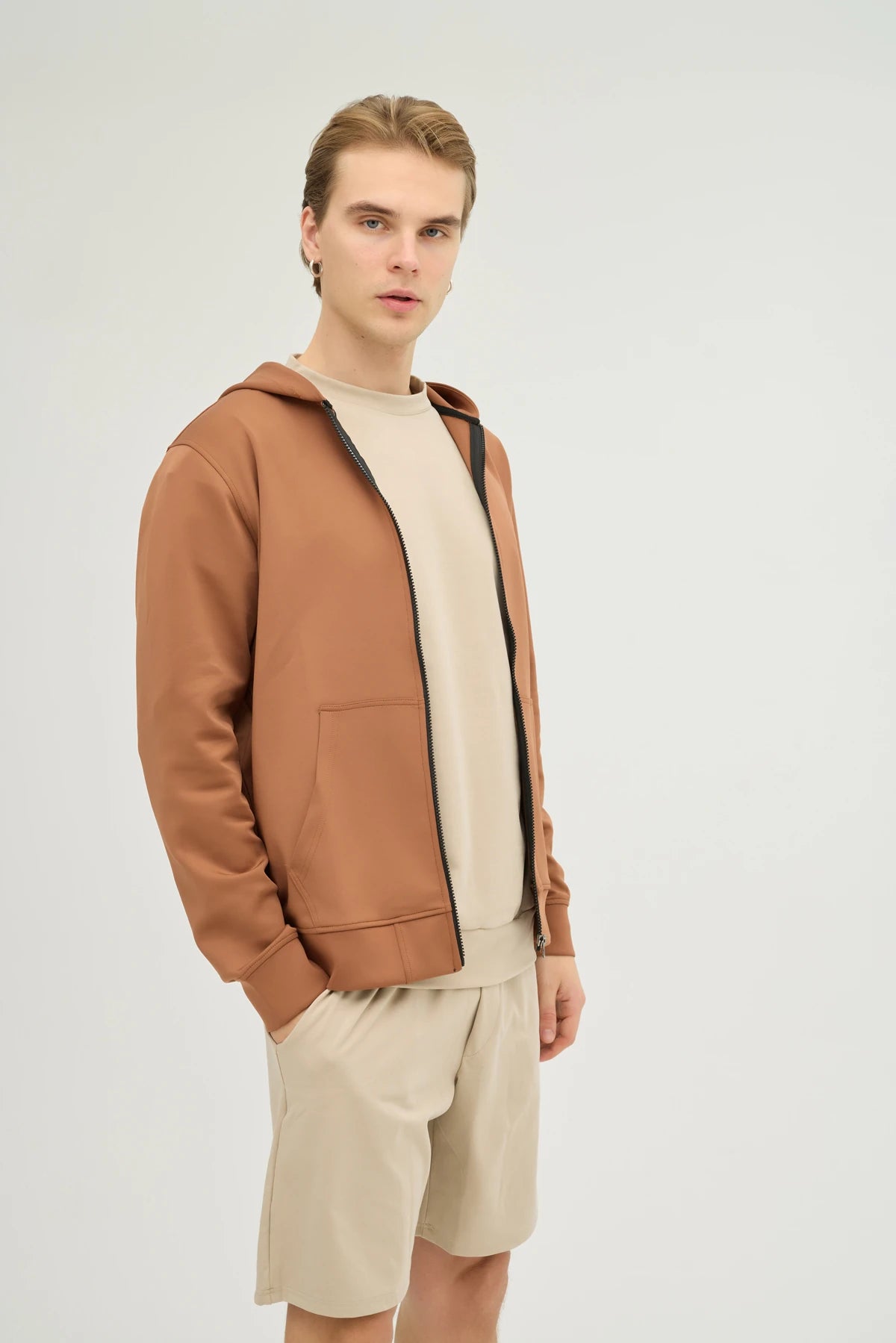 Unisex Kahverengi Kapüşonlu ve Fermuarlı Scuba Üst Regular Fit