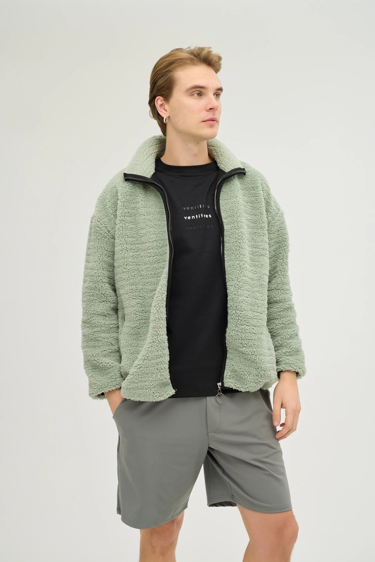 Unisex Mint Oversize Tam Fermuarlı Peluş Sweatshirt