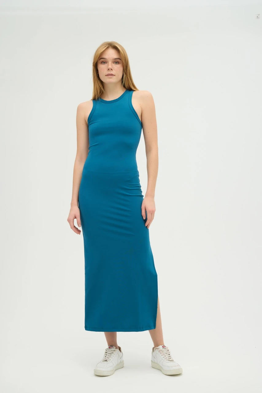 Yandan Yırtmaçlı Petrol Mavisi Basic Elbise