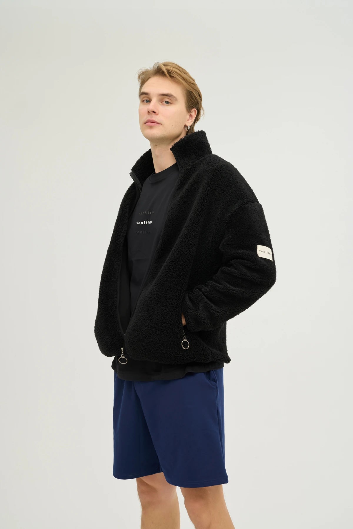 Unisex Siyah Oversize Tam Fermuarlı Peluş Sweatshirt