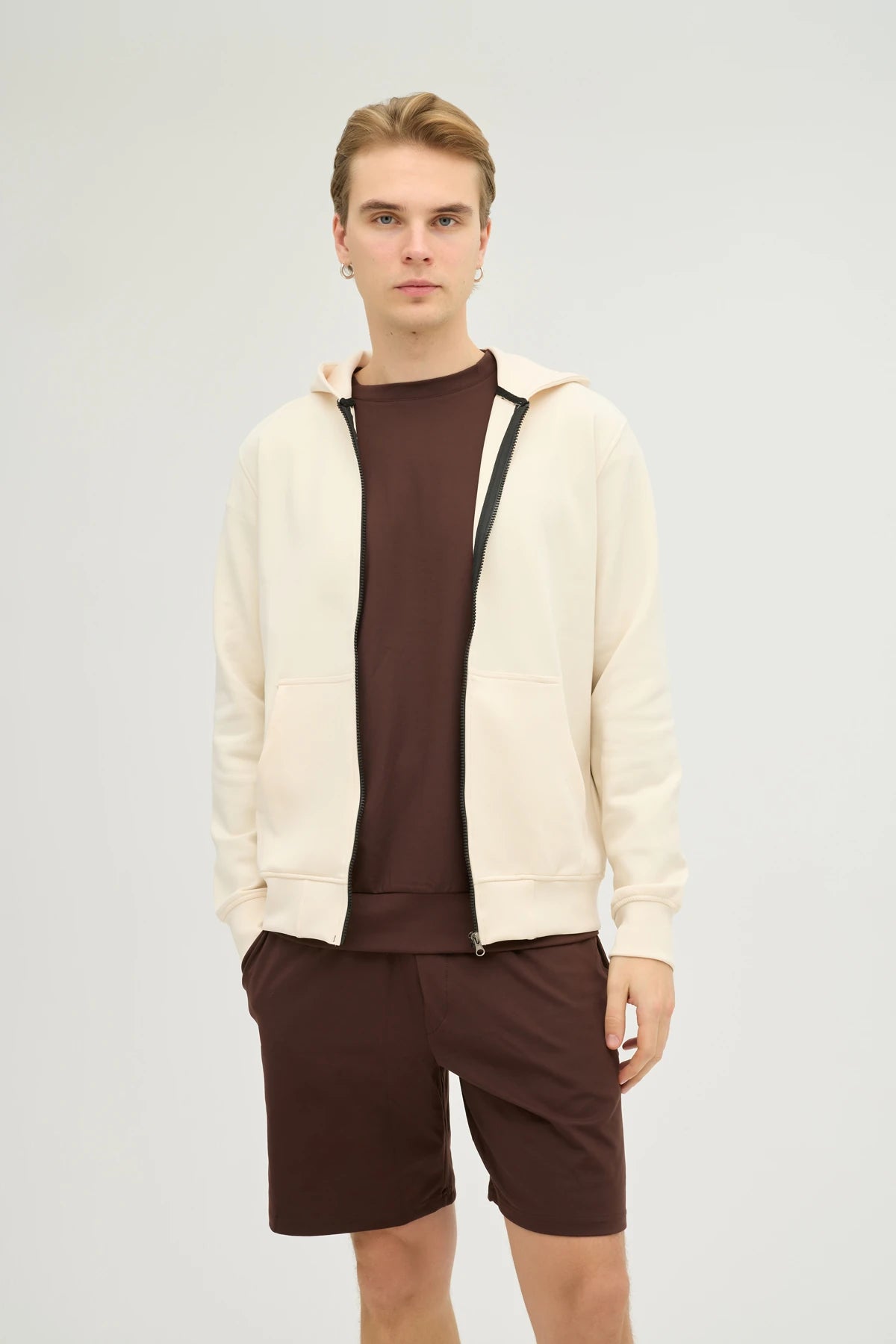 Unisex Açık Bej Kapüşonlu ve Fermuarlı Scuba Üst Regular Fit