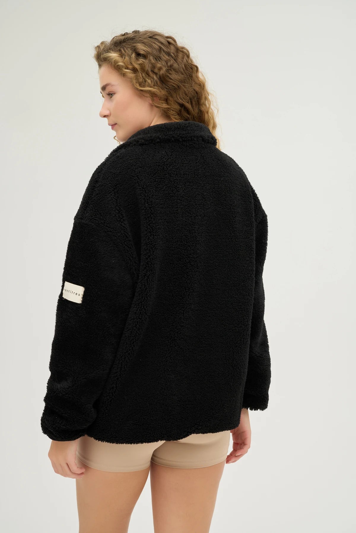 Unisex Siyah Oversize Tam Fermuarlı Peluş Sweatshirt