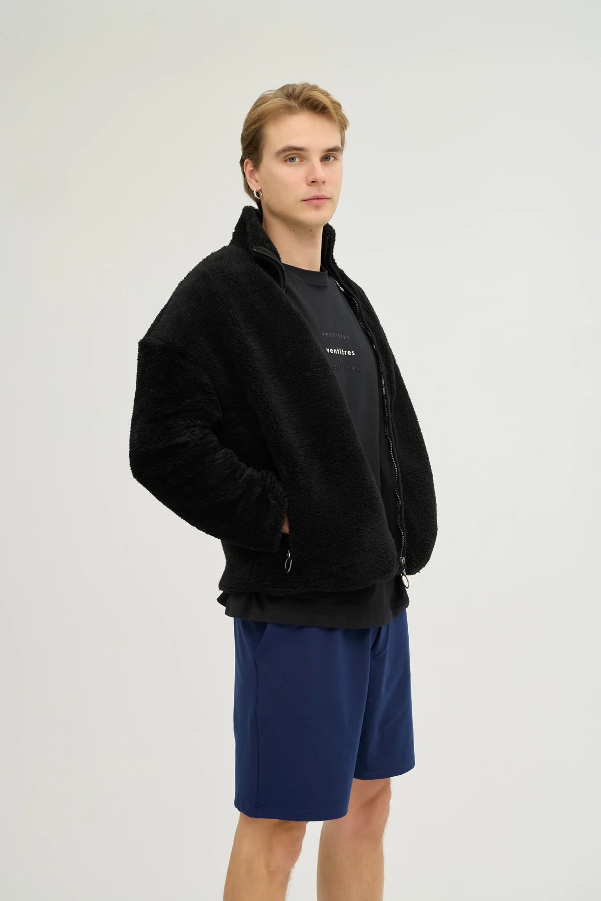 Unisex Siyah Oversize Tam Fermuarlı Peluş Sweatshirt