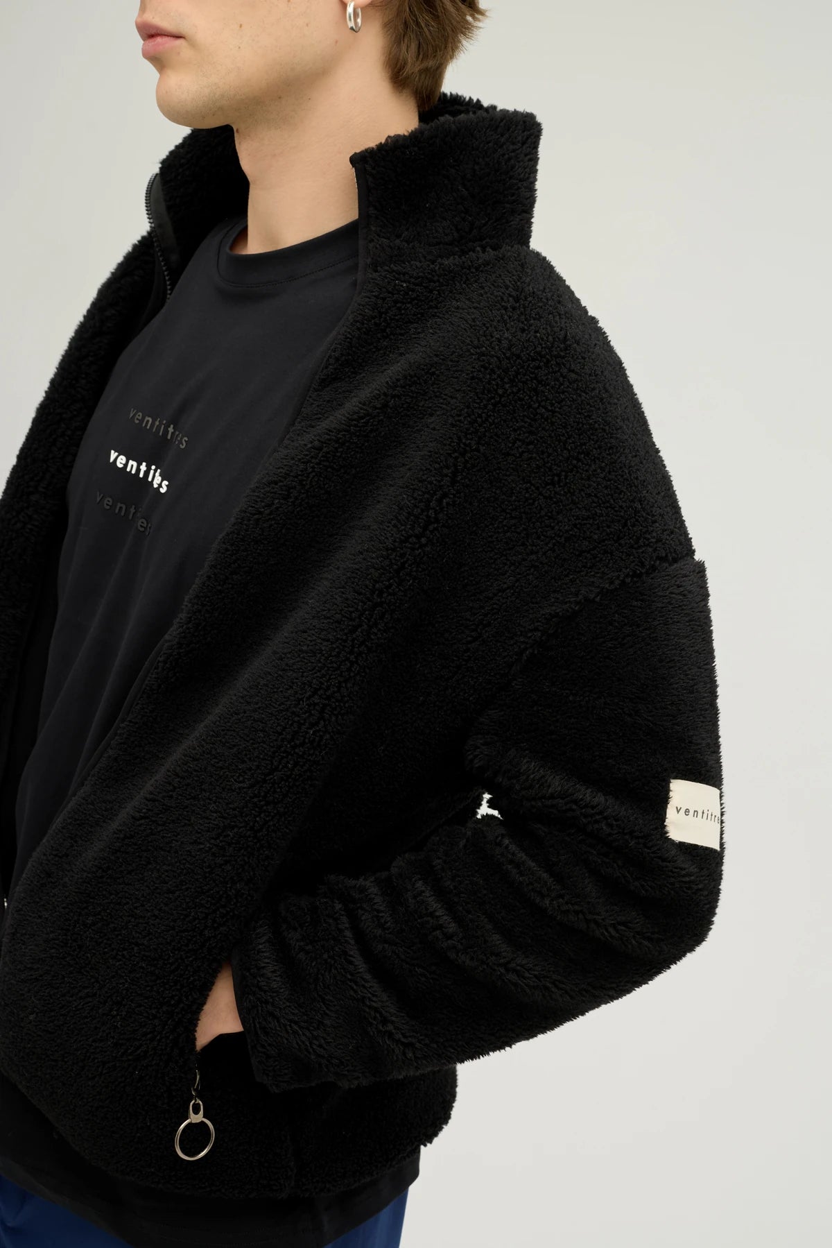 Unisex Siyah Oversize Tam Fermuarlı Peluş Sweatshirt