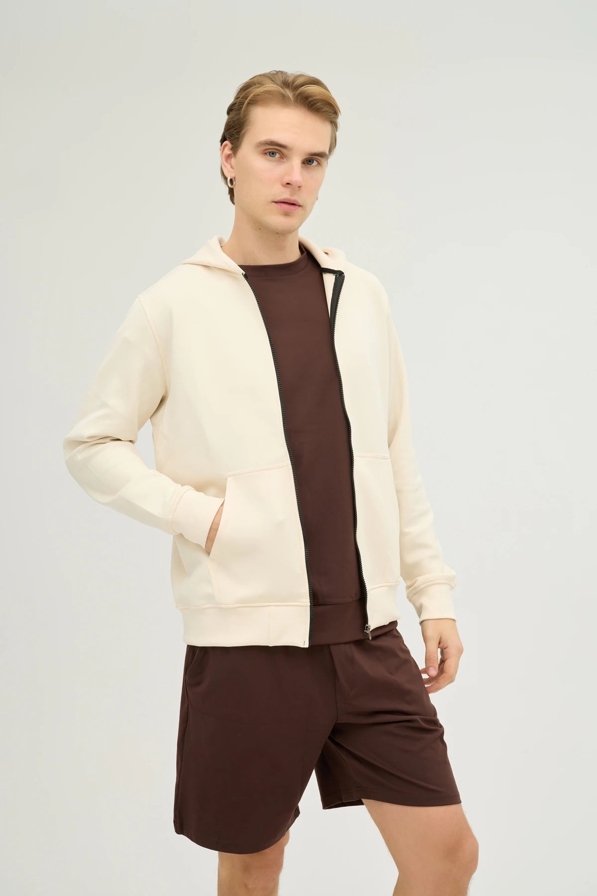 Unisex Açık Bej Kapüşonlu ve Fermuarlı Scuba Üst Regular Fit