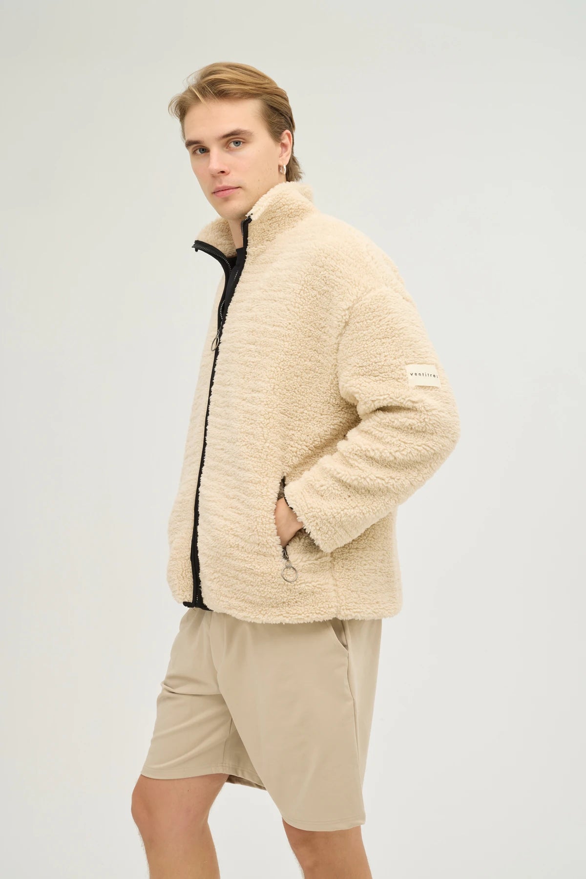 Unisex Bej Oversize Tam Fermuarlı Peluş Sweatshirt